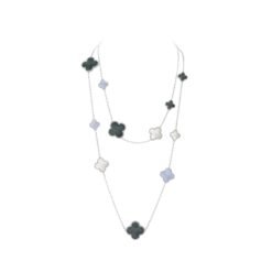 Long Necklace, 16 Motifs White Gold Chalcedony
